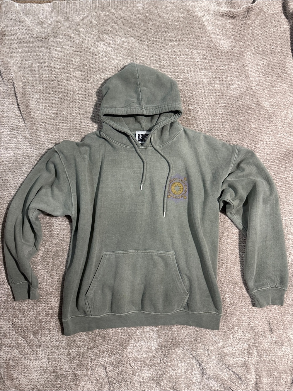 Reclaimed Vintage Olive Pullover Hoodie with Embroidered Chest Emblem